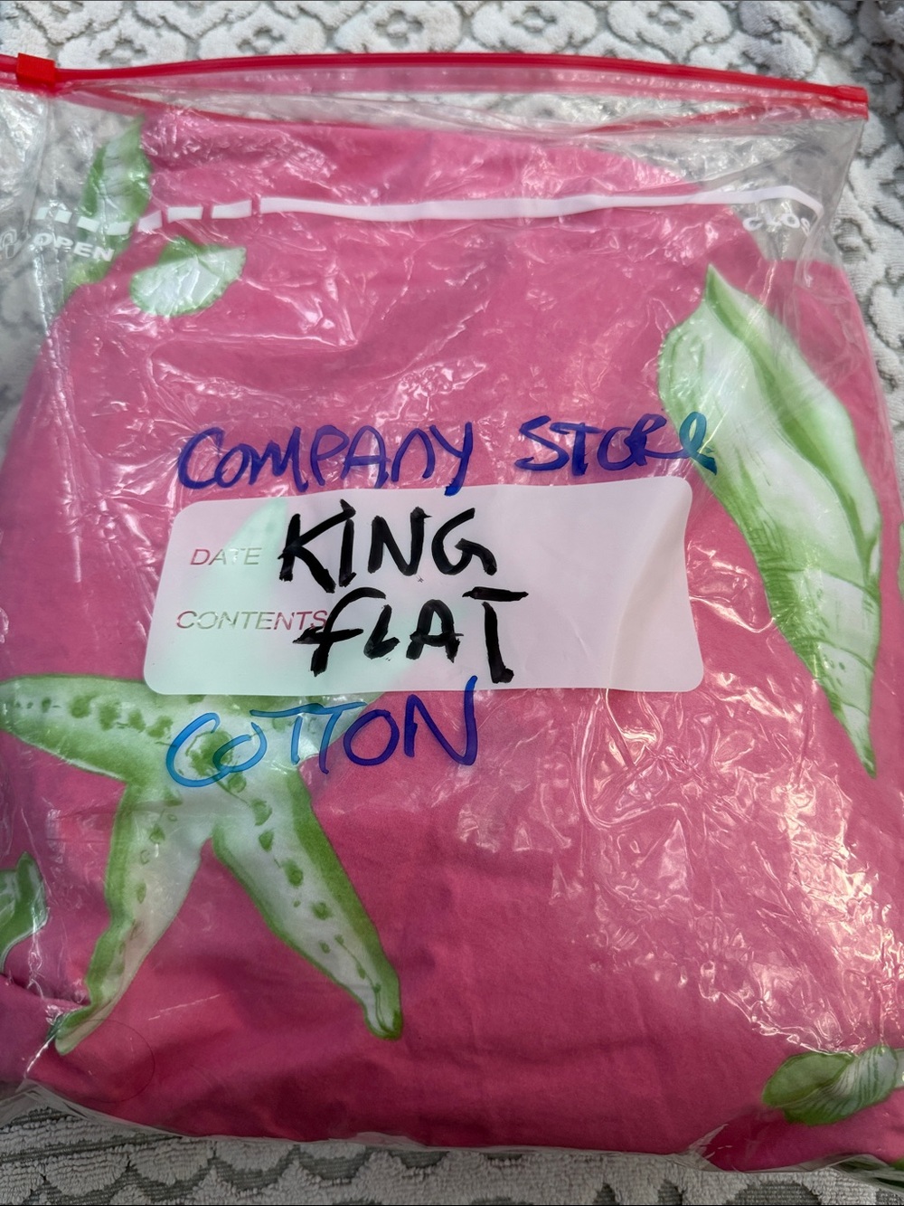 The Company Store Pink Sheet Set with Green Leaf Print king Flat cotton
